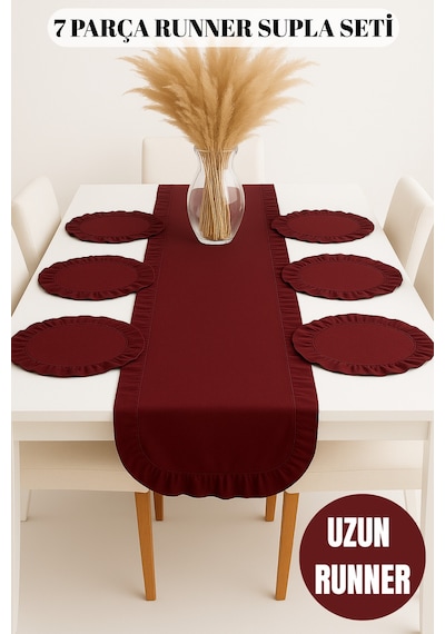 7 Parça Fırfırlı Sofra Sunum Seti 6 Adet Amerikan Servisi Supla + 1 Adet Fırfırlı Runner - 40x150 Cm Kırmızı