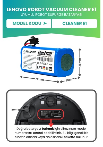Lenovo Robot Vacuum Cleaner E1 Uyumlu Batarya 3200mah Pil