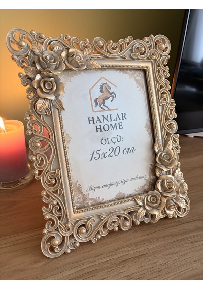 Antik Gümüş Eskitme Gül Detaylı Vintage Çerçeve - 15x20 Cm