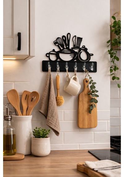 Mutfak Temalı Duvar Askılığı 6 Kancalı Mdf Duvar Askısı 39 X 29 Cm Siyah Siyah