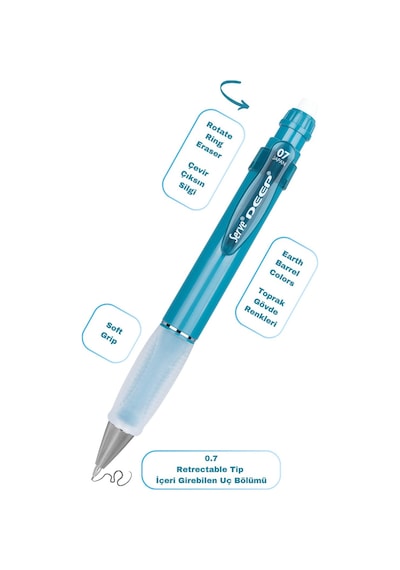 Serve Deep Versatil Kalem 07mm- Toprak Tonları - Yedekli Set Grip Ve Silgi Okyanus Mavi Okyanus Mavi