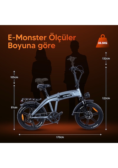 Stradacycles E-monster 20 Jant Katlanabilir Yüksek Torklu Elektrikli Bisiklet Gri