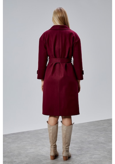 Bordo Kuşaklı Oversize Kaşe Kaban Bordo