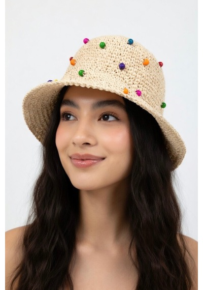 Mollycrush Kadın Renkli Boncuk Detaylı Bej Hasır Bucket Şapka El Örgüsü Yazlık Trend Kova Stil Bej