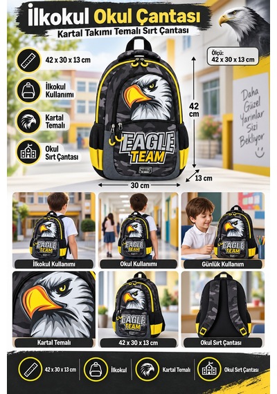 İlkokul Okul Çantası Eagle Team Kartal Takımı Sırt Çantası 42x30x13 Cm Desenli