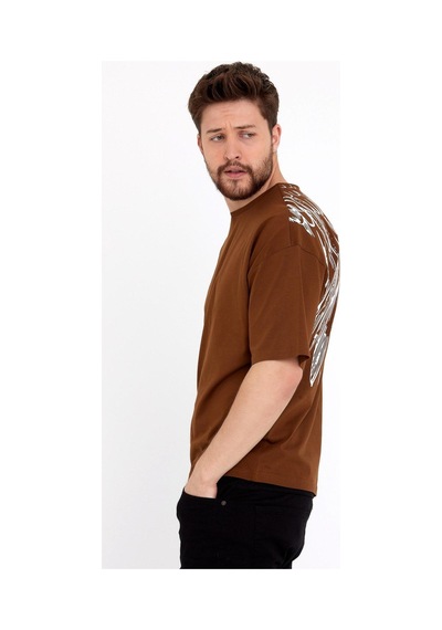 Erkek Oversize Baskılı T-shirt Taba