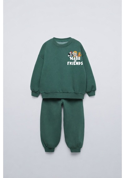 Çocuk Pamuklu Magu Friends Baskılı Yeşil Sweatshirt Ve Eşofman Altı Takımı