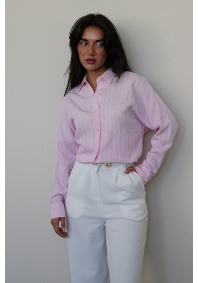 Madmext Pembe Uzun Kollu Çizgili Oversize Gömlek Mg2080 Pembe
