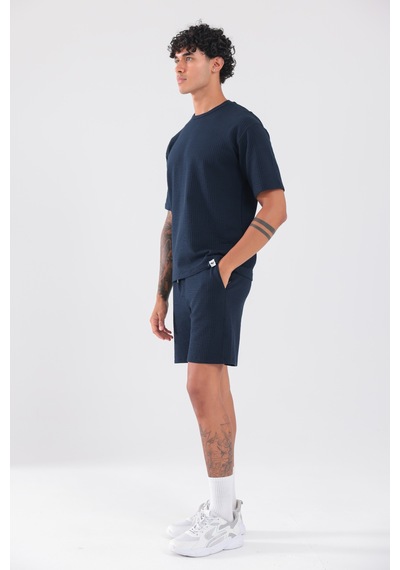 Rowinger Waffle Dokulu Oversize T-shirt Ve Şort Erkek Takım Navyblue