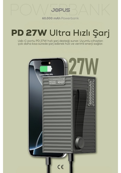 Jopus 60.000 mAh 27W Süper Hızlı Outdoor Kamp Powerbank Dijital Göstergeli Fenerli Taşınabilir Şarj Cihazı