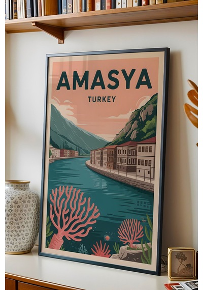 Amasya Tablo - Retro Travel Poster - Türkiye Şehir Serisi Duvar Dekoru - Çerçeve Şehir İllüstrasyonu Siyah