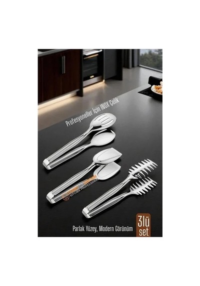 3 Lü İnox Çelik Mutfak Maşa Seti - Makarna Pasta Salata Çok Amaçlı Maşa 3 Lü Set 722225