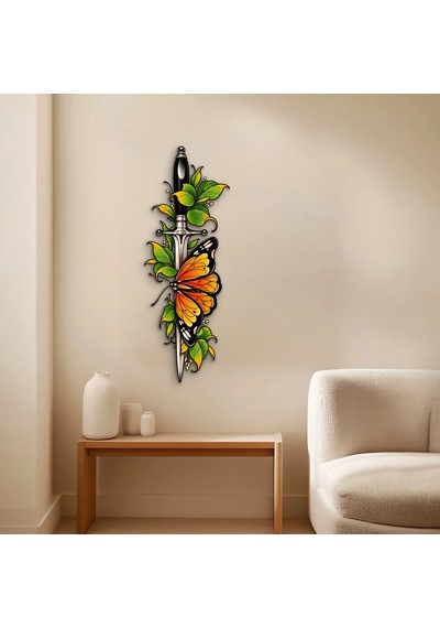 Antik Bıçak, Yapraklar Ve Kelebek - Metal Tablo - Dec0269 27 X 75 Cm Çok Renkli