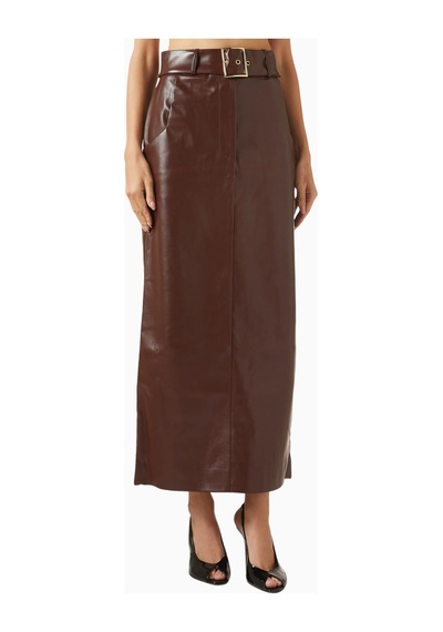 Rowen Rose Belted Maxi Skirt, Lüks Eco Leather Kuşaklı Şık Maxi Etek Kahverengi