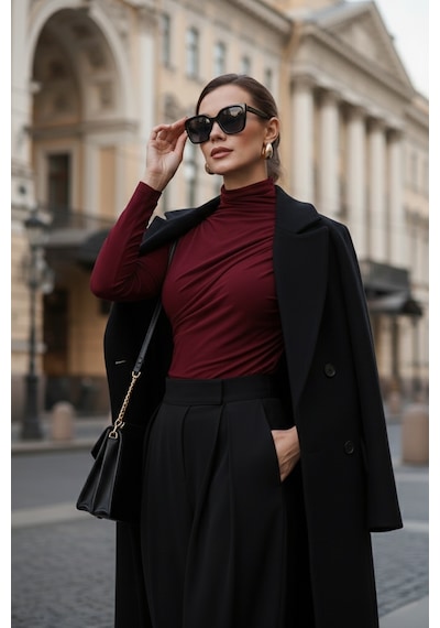 Lela Streç Büzgü Detaylı Slim Fit Dik Yaka Bayan Bluz 669925 Bordo