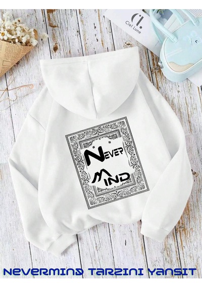 Nevermind Unisex Carpet Regional Baskılı Oversize Baskılı Kapşonlu Sweatshi Beyaz