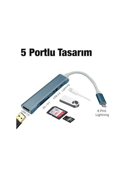 Ally S-503 5in1 Lightning To Usb + Sd Kart Hub Adaptör Çevirici Dönüştürücü- 5775