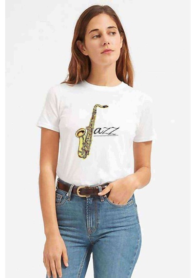 Only Jazz Baskılı Beyaz Kadın Tshirt