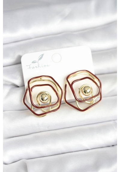 Pirinç Gold Renk Bordo Mineli Geometrik Gül Model Kadın Küpe Altın - Çok Renkli
