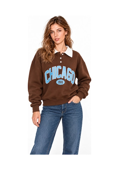 Mevese Kadın Chicago Baskılı Polo Yaka Şardonlu Sweatshirt - Üç İplik Oversize- Acı Kahve Kahverengi
