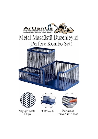 Masaüstü Metal Kalemlik Seti 3 Lü Kombo 1 Paket Fileli Perfore Renkli Kalemlik Kağıtlık Küpnotluk Düzenleyici Lacivert