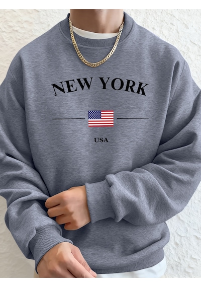 Startmore Startmorenew York Abd Bayrağı Baskılı Erkek Polar Kapüşonlular Spor Günlük Hoody Bisiklet Yaka Cepli S Gri