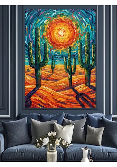 Kutsal Işık Parıldayan Saguaro Kaktüsleri Dekoratif Kanvas - Mdf Ahşap Tablo
