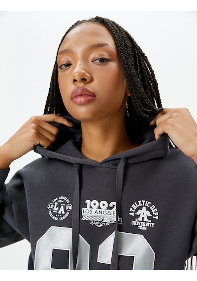 Koton Kolej Kapşonlu Sweatshirt Şardonlu Baskılı Antrasit 4wal10614ık Antrasit