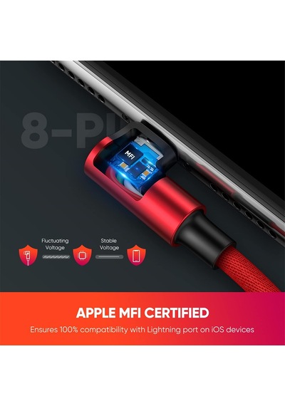 Örgülü 90 Lightning Apple Uyumlu iPhone Oyuncu Şarj Kablosu, Kırmızı, 1 Metre