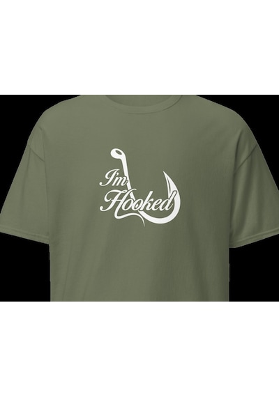 Wildstyle I'm Hooked Balıkçılık Olta Balıkçı Tutkusu Baskılı Unisex Bisiklet Yaka Pamuklu Tişört - Haki