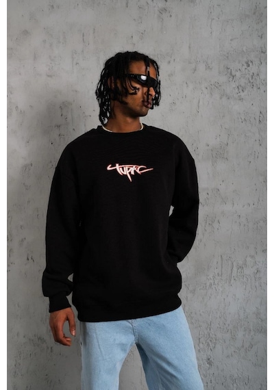 Ertaştrendstore Erkek 3 İplik Pamuklu Bisiklet Yaka Gangster Baskılı Sweatshirt - Siyah Çok Renk