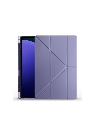 Galaxy Tab S9 Ultra 2023 Sm-x910 Uyumlu Kalem Bölmeli Dönebilen Üçgen Standlı Tri Folding Tablet Kılıfı - Mor - T29818