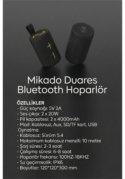 Md-4bt Duares Siyah 40w 4000mah + 4000mah Tf-aux-tws-ıpx6 Mıknatıslı Bluetooth Hoparlör