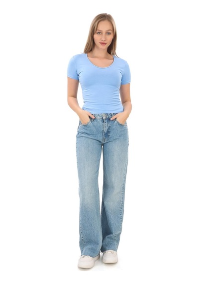 V Yaka Slim Fit Crop Tişört-mavi Mavi