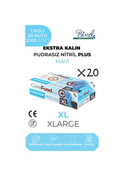 Ekstra Kalın Nitril Mavi Plus Muayene Eldiveni Xl - 1 Koli-20 Paket-2000'li