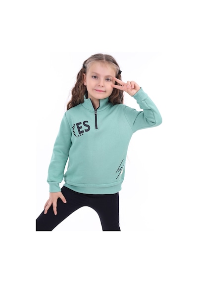 Kız Çocuk Relax Fit Dik Yaka Fermuarlı Baskılı Sweatshirt - 3 İplik Şardonlu Yeşil