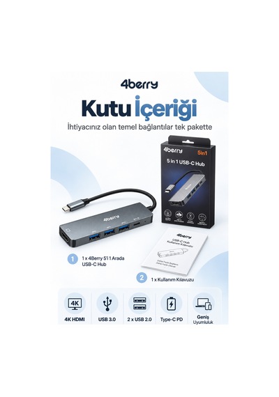 Kd5 5 İ 1 Arada Usb-c Hub 4k Hdmı, Usb Çoklayıcı Ve Pd Şarj Desteği