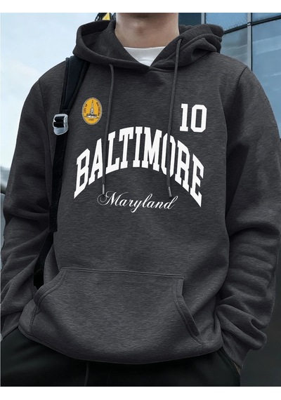 Startmore Tarzsokak Baltimore Maryland Amblemi Baskılı Kapüşonlular Erkek Sportif Gevşek Tişörtü Kış Polar Sıcak Antrasit