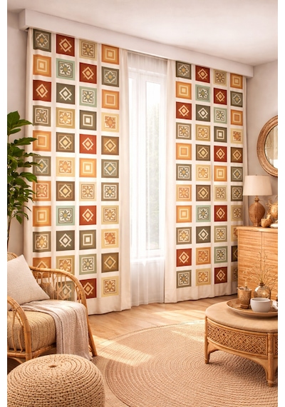 140x260 Ölçüsünde 2 Adet Bohem Fon Perde. Boho Tarz Koleksiyon Ürünü. Çok Renkli Haki
