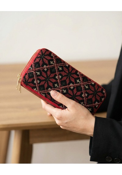 Zaytoon Filistin Geleneksel Renkli Kırmızı Nakışlı Çift Fermuarlı Kadın Büyük Cüzdeni 20x10 Cm A100027 Kirmizi