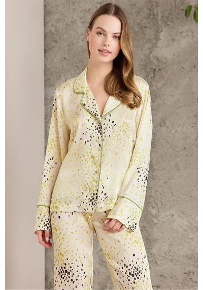 Pierre Cardin 1240 Kadın Saten Empirme Uzun Kollu Gömlek Pijama Takımı-lime Sarı