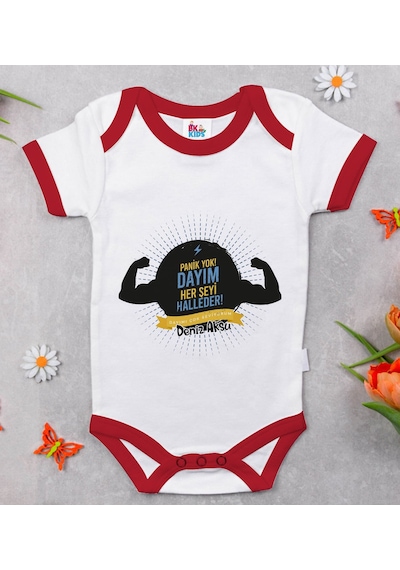 Bk Gift Bk Kids Kişiye Özel Dayım Her Şeyi Halleder Tasarımlı Kırmızı Bebek Body Zıbın-1 Çok Renkli