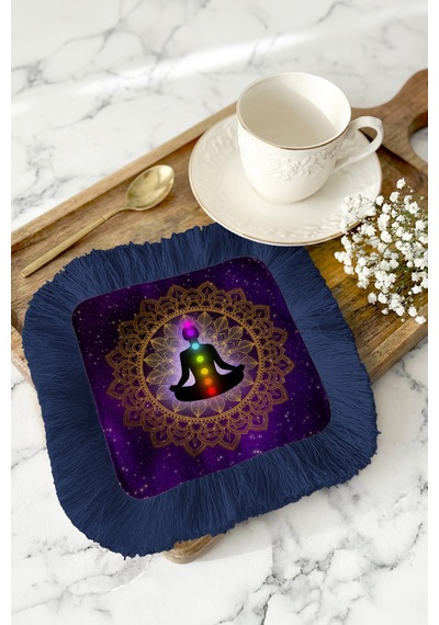Mandala Saçaklı Sunum Peçetesi - Meditasyon Temalı Bohem Mor Lacivert Bardak Altlığı Mendil Çok Renkli