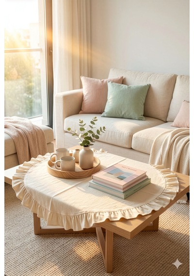 Fırfırlı Kenarlı Dekoratif Yuvarlak Fiskos Masa Örtüsü Krem 80 X 80 Cm Krem