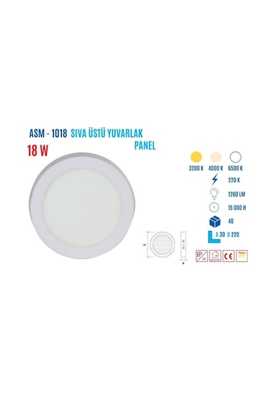 Ycl Asm-1018B 18W Sıvaüstü Yuvarlak Beyaz Ledpanel
