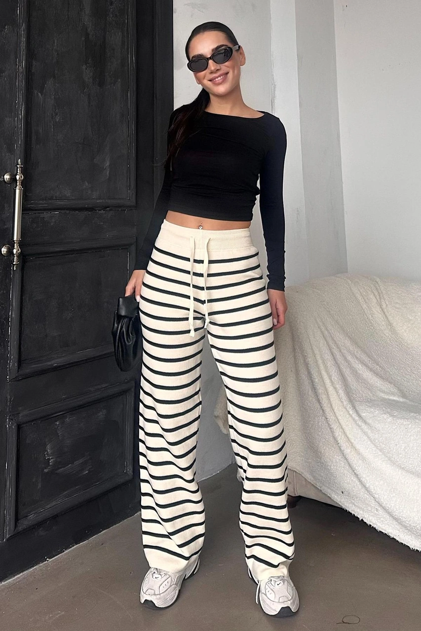 Madmext Ekru Çizgili Kadın Triko Pantolon Mg2342 Ekru