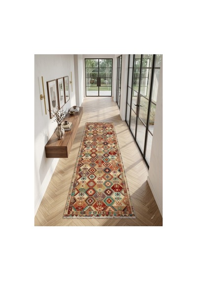 Dekoratif Halı Kaymaz Taban Leke Tutmaz Yıkanabilir Kilim Özel Ölçü Salon Halısı 3056 Çok Renkli