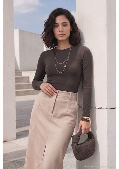 Lela Pamuklu Bisiklet Yaka Crop Bluz Kadın Bluz 5867060 Kahve