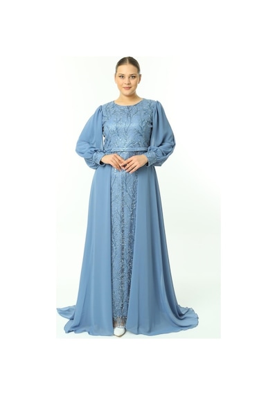 Ladies First Büyük Beden 3704 Indigo Uzun Abiye Elbise