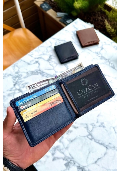 Lacivert Kelebek Model Hakiki Deri Erkek Isme Özel Baskılı Cüzdan Lacivert